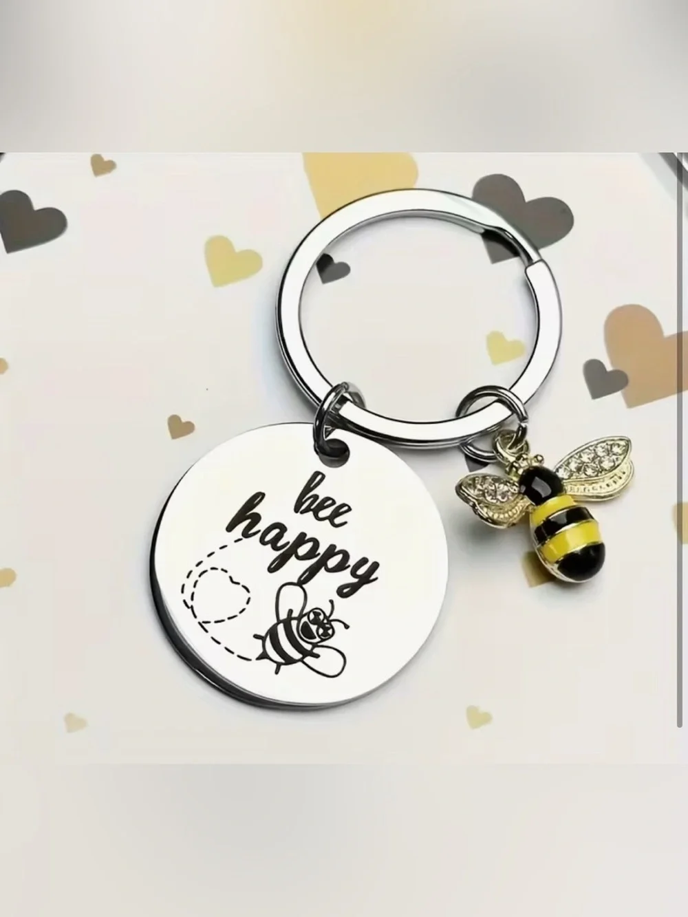 Bee Happy Engraved Round Keychain with Bee Charm - Silver & Yellow